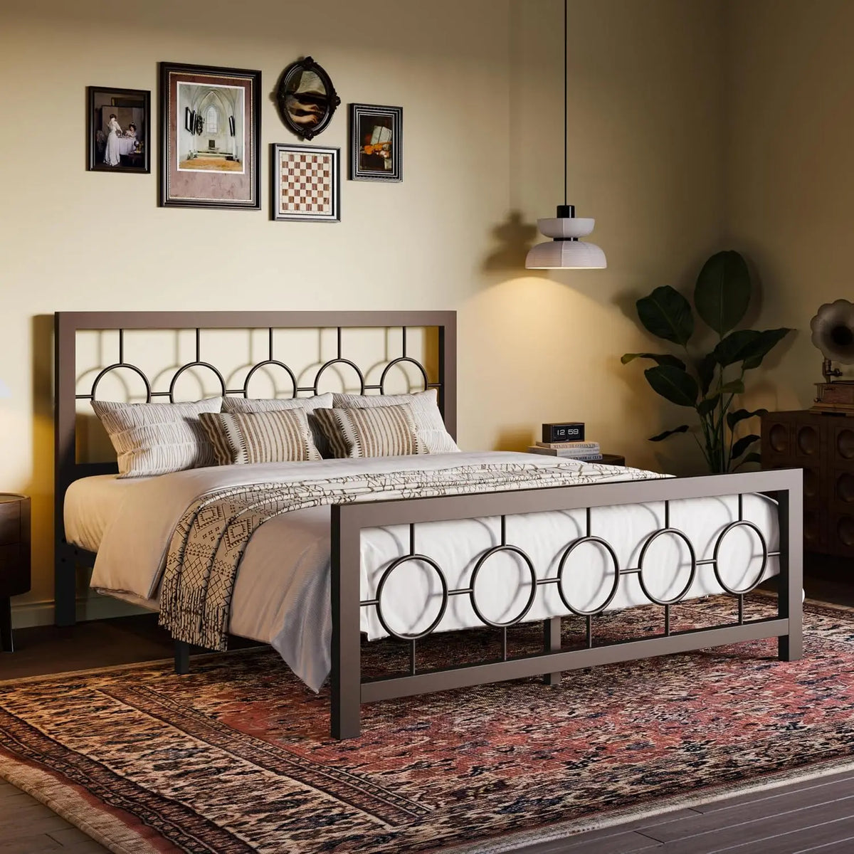 Queen Size Metal Bed Frame with Vintage Circular Design Headboard and Footboard,No Box Spring Required,