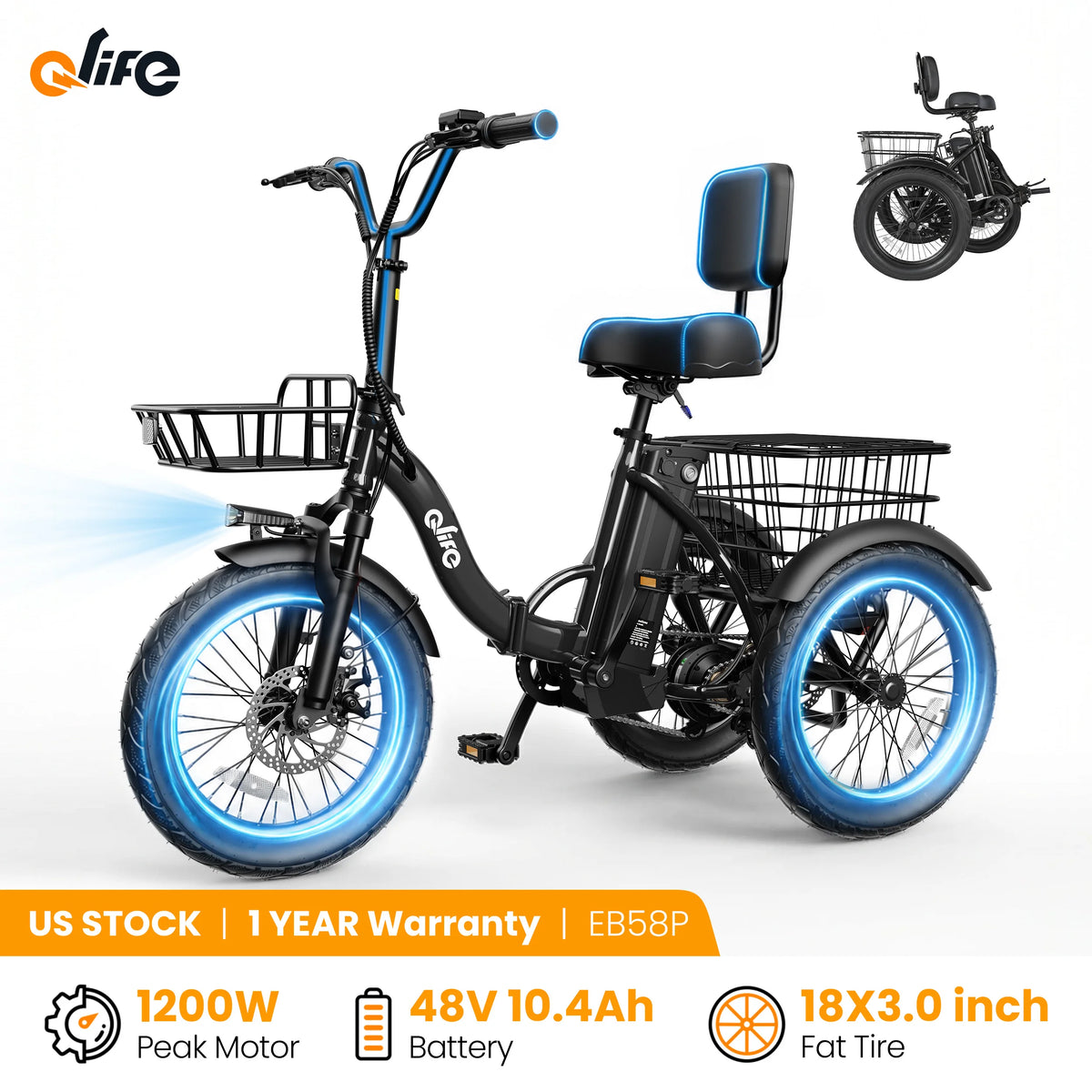 18''X3" Fat Tire Electric Tricycle, 18MPH Up to 50 Miles