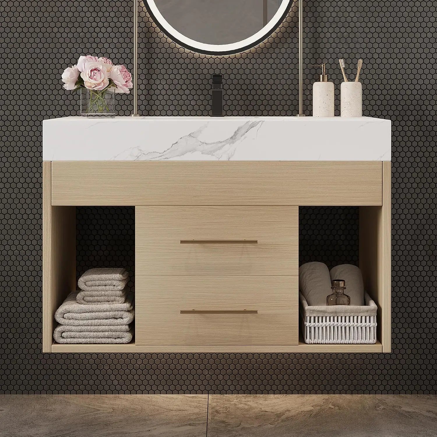 36 inch Bathroom Vanity with Sink and Countertop, Modern Freestanding Bathroom Vanity Cabinet with Oval Ceramic Vessel, Custom