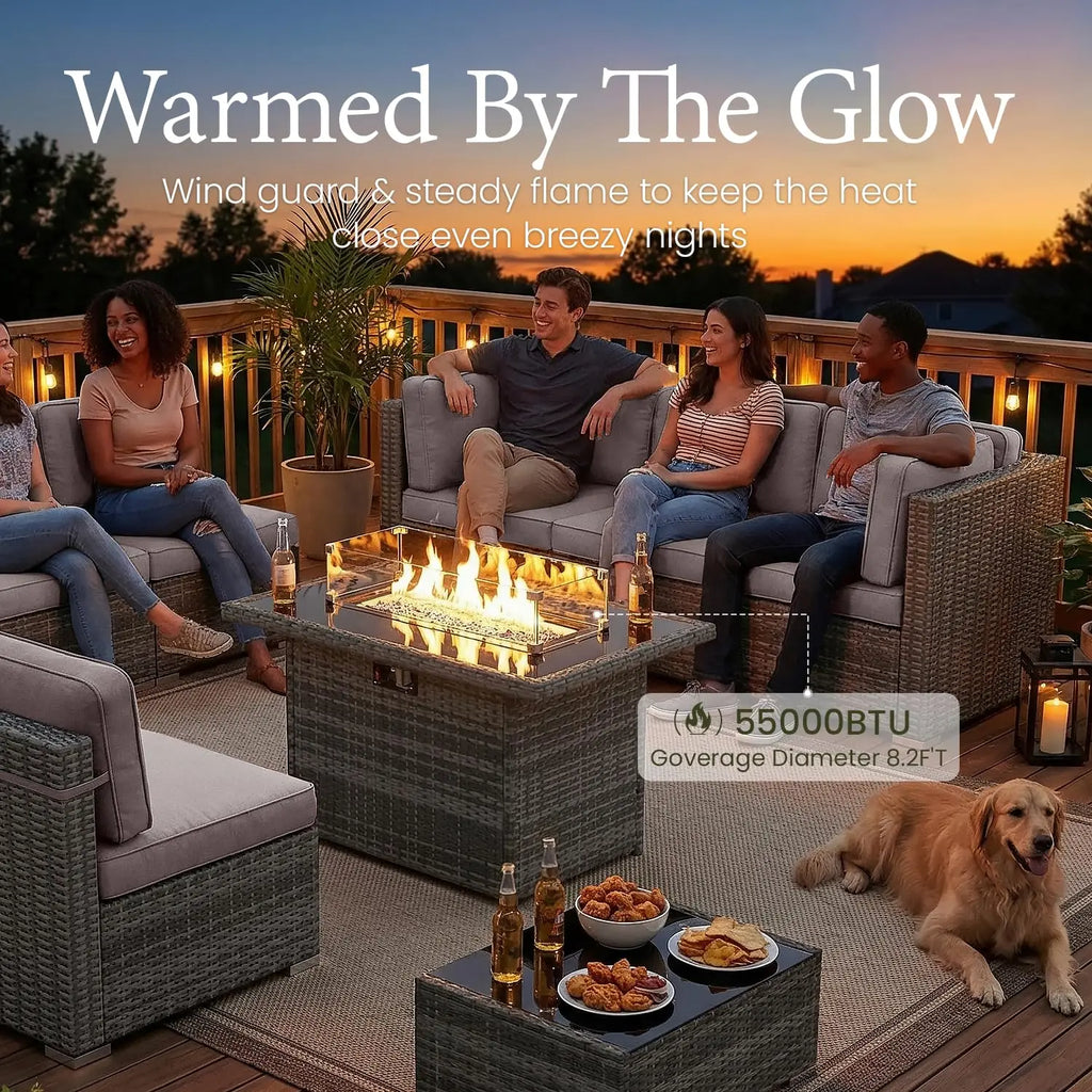 8 Piece Patio Furniture Set with 44" Propane Gas Fire Pit Table,