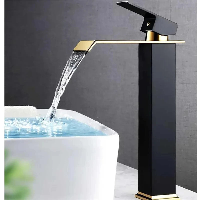 Brass Gold and Black Waterfall Bathroom Faucet