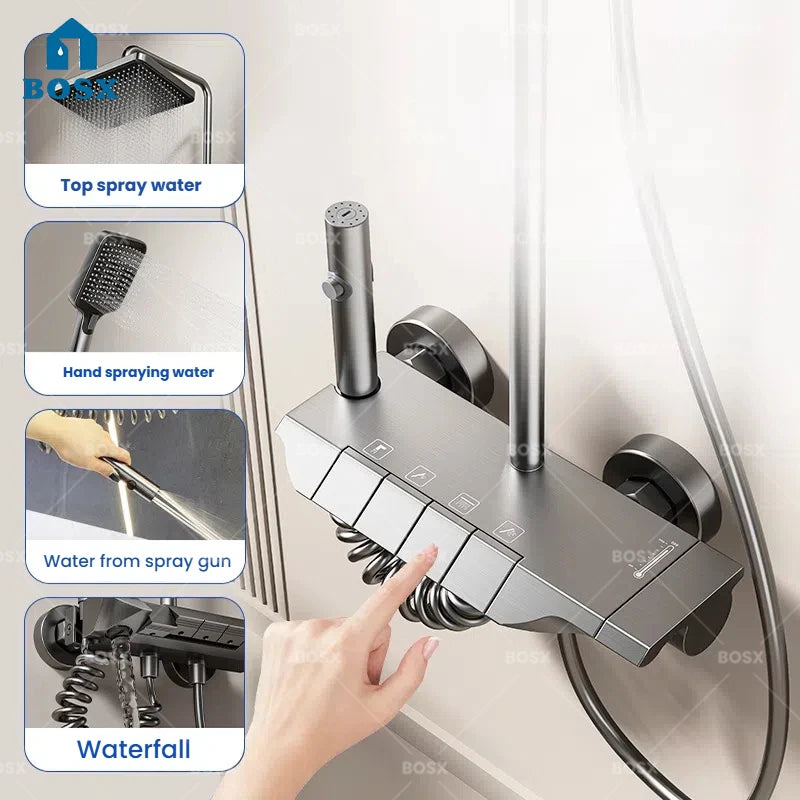 Gunmetal Gray Aluminum Shower System Set Multifunctional Household Hot and Cold Water Piano Keys Bathroom Pressurize Shower Set