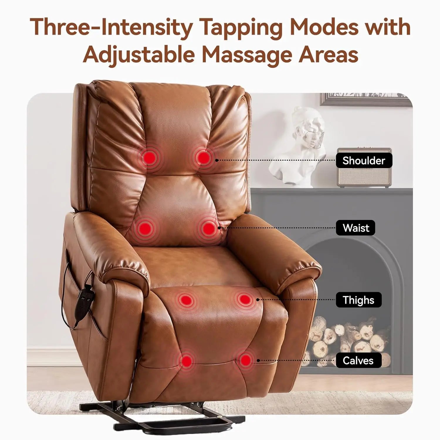 Power Lift Faux Leather Recliner, Massage, Heat, Dual Cup Holders, Side Pockets