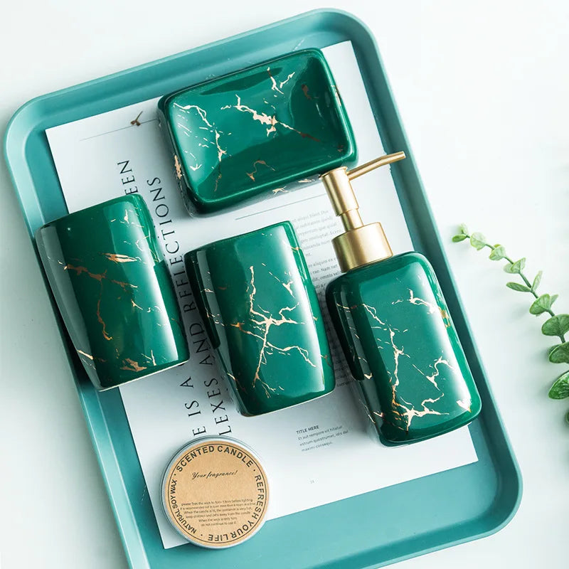 Nordic Matte Golden Ceramics Bathroom Toiletries Set  Toiletries Cup Soap Dish Soap Dispenser Toothbrush Holder Tumbler