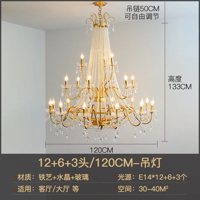 American Crystal Lamp French Retro Style Pearl Chandelier Middle Villa for Living Room Dining Room Bedroom Duplex Chandelier