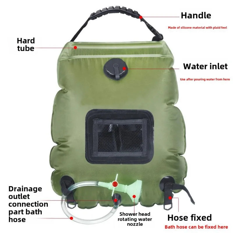 Portable Military Green 20L Solar Heated Shower Bag Outdoor Camping Bath Shower Water Bag for Bathing and Grooming Camping Gear