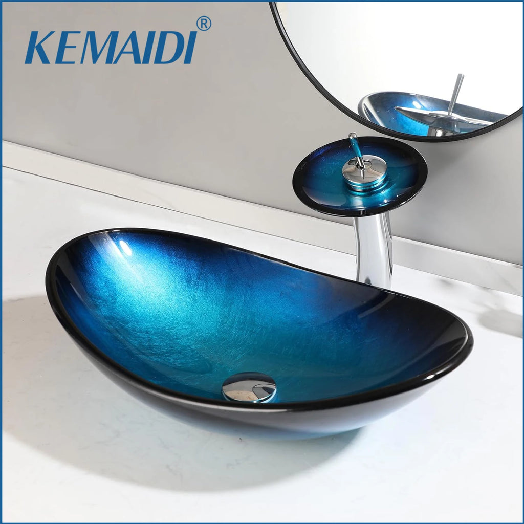 KEMAIDI Tempered Glass Countertop Washbasin Bowl Faucet Set