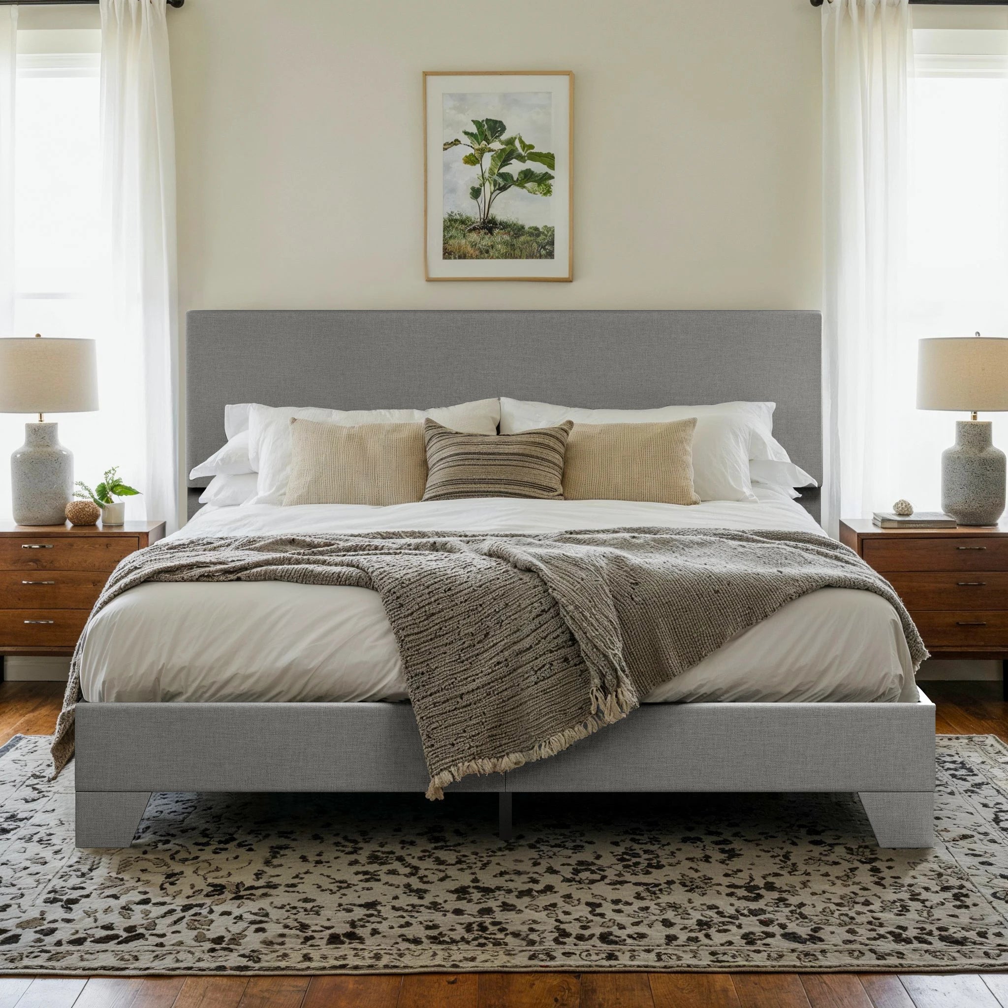 HOOMIC Upholstered Bed Frame with Adjustable Headboard, Soft Linen Fabric, Strong Supporting Structure,