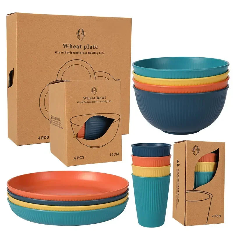 Wheat Straw Dinnerware Set Eco-friendly Safety Plates Cups Bowels, Tableware Set for Outdoor Camping