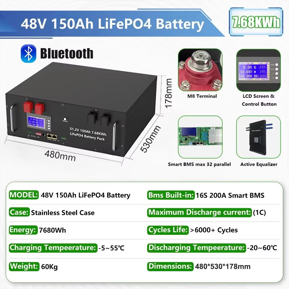 LiFePO4 48V 300Ah 15Kwh Battery 51.2V 100Ah 200Ah 120Ah 150Ah Lithium battery 6000 Cycles 48V Solar Energy Storage Akku EU STOCK