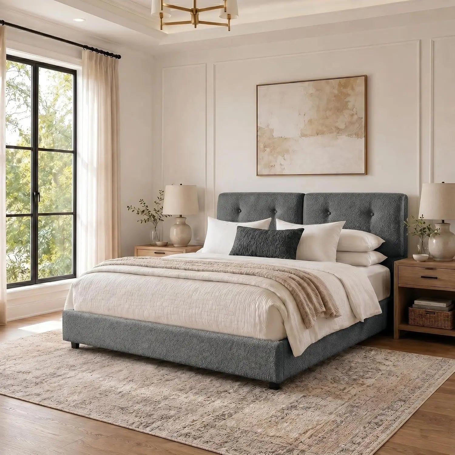 Bed Frame Queen Size, Boucle Upholstered Bed Frame with Headboard, No Box Spring Needed