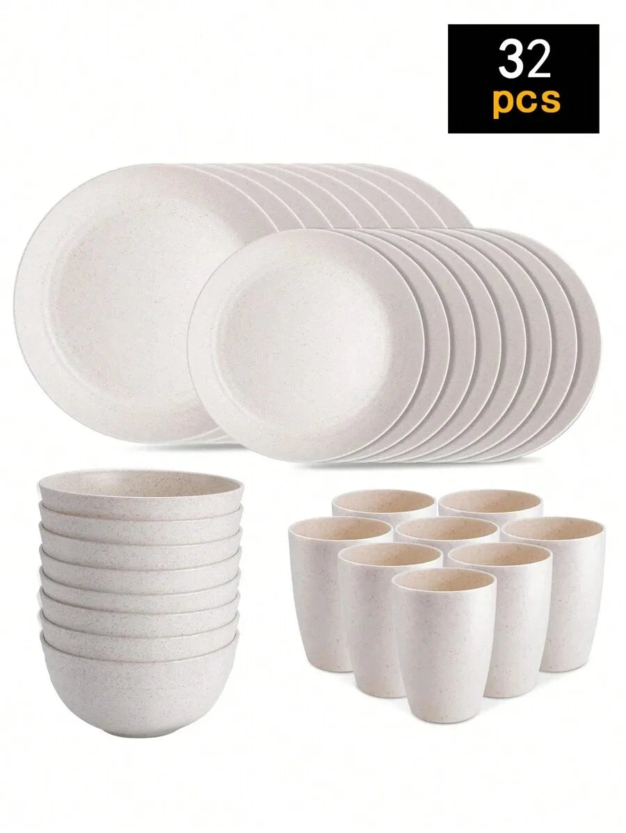 4/16/24pcs Reusable plastic tableware set, including plates, bowls and cups.