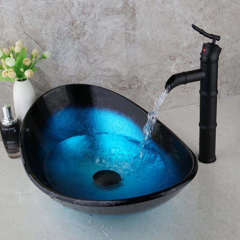 KEMAIDI Tempered Glass Countertop Washbasin Bowl Faucet Set