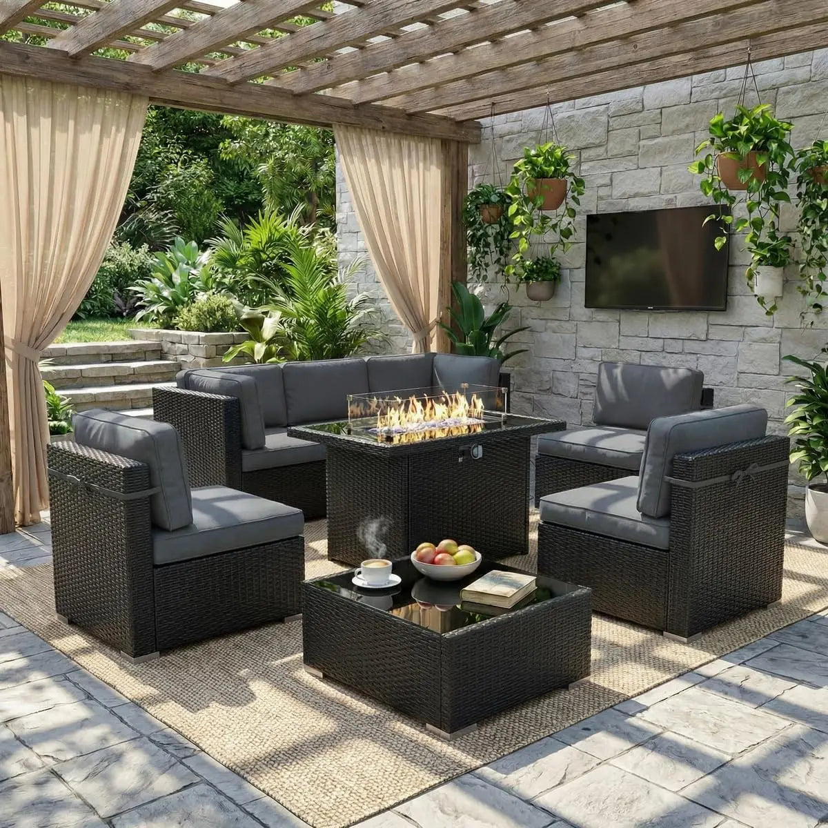 8 Piece Patio Furniture Set with 44" Propane Gas Fire Pit Table,