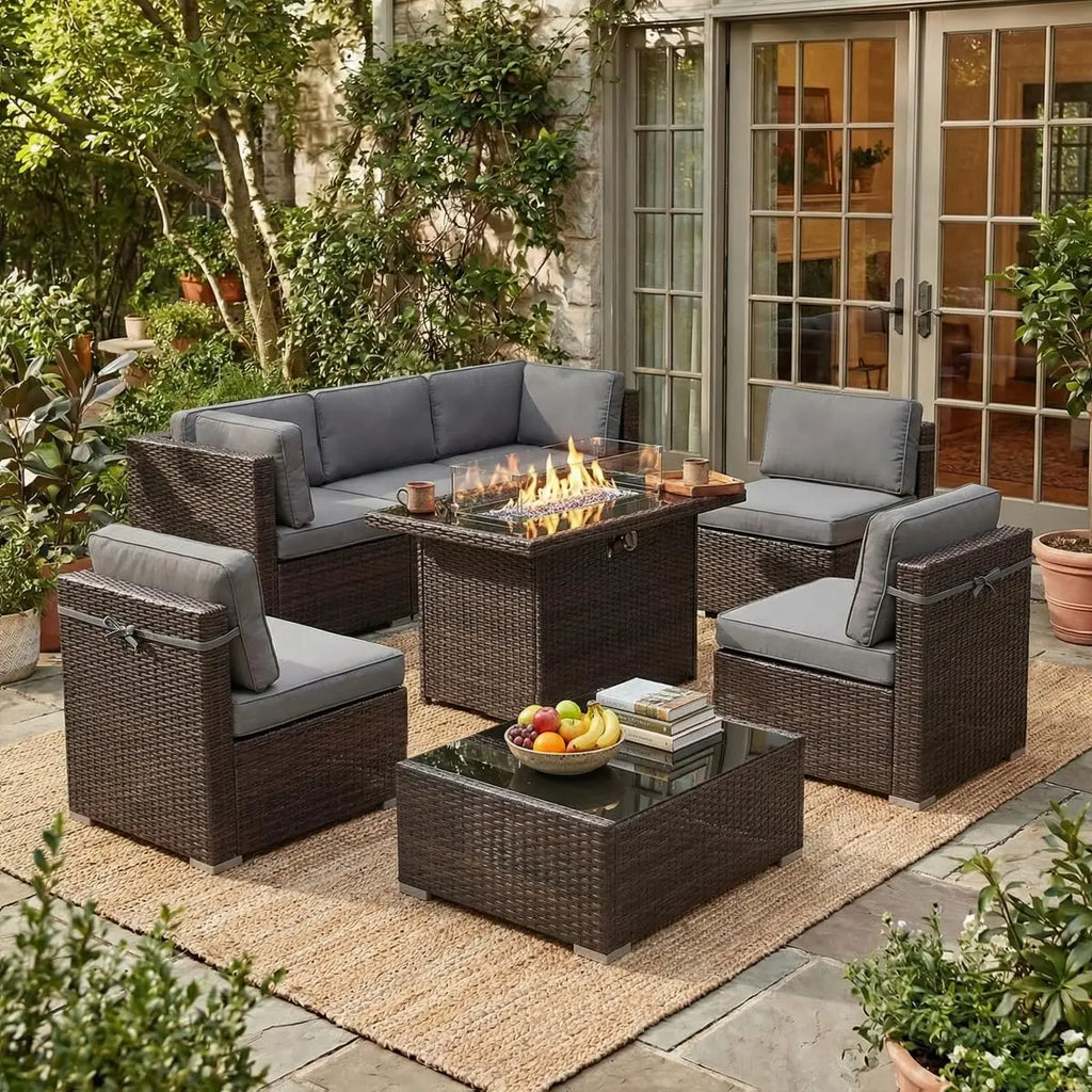 8 Piece Patio Furniture Set with 44" Propane Gas Fire Pit Table,