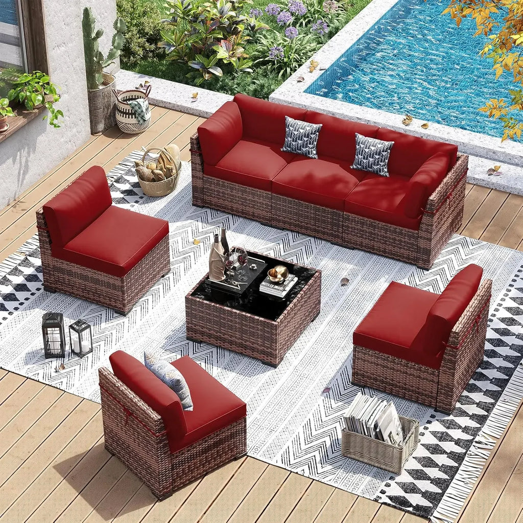 Patio Furniture Set, 7 Pieces PE Wicker Sectional Sofa with Tea Table, Outdoor Conversation Set