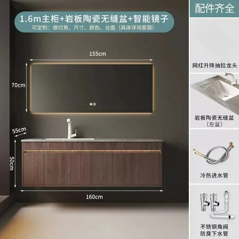 Light Luxury Vanity, Modern Solid Wood Bathroom Sink Cabinet, Rock Slab Integrated Washbasin
