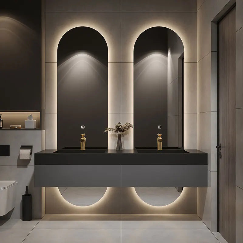 Designer Customized High-end Villa Light Luxury Rock Slab Integrated Basin Bathroom Cabinet in Combination with Double Mirror