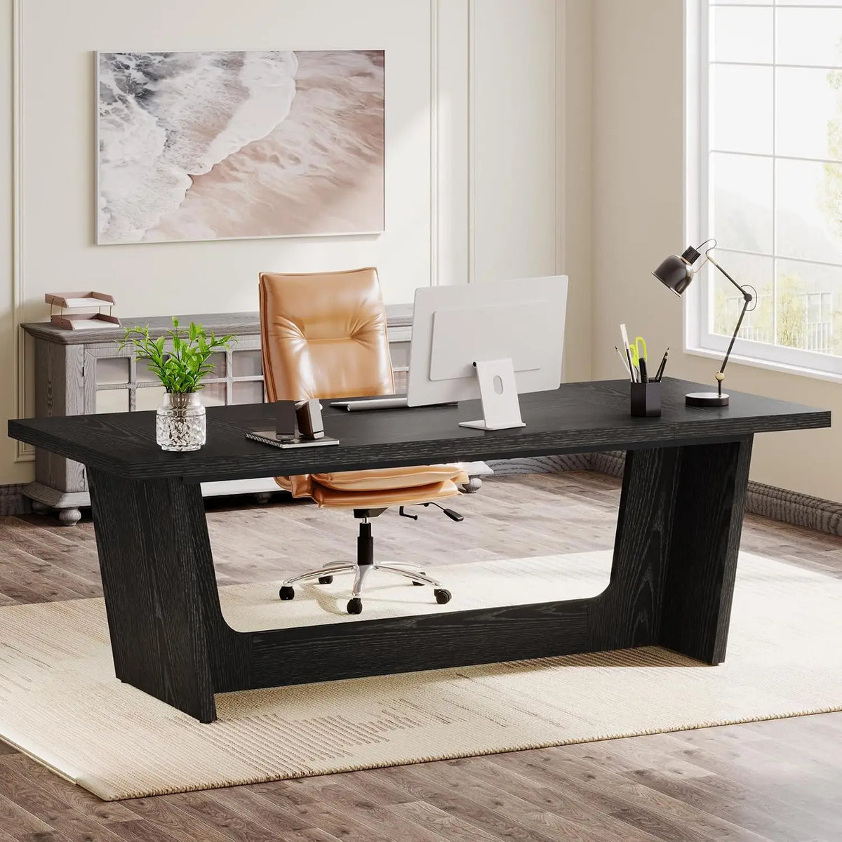 Large Walnut Executive Desk with Wooden Pedestal