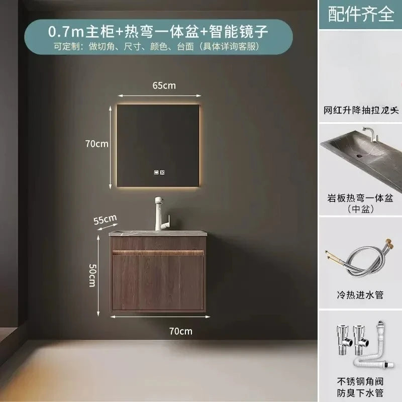 Light Luxury Vanity, Modern Solid Wood Bathroom Sink Cabinet, Rock Slab Integrated Washbasin