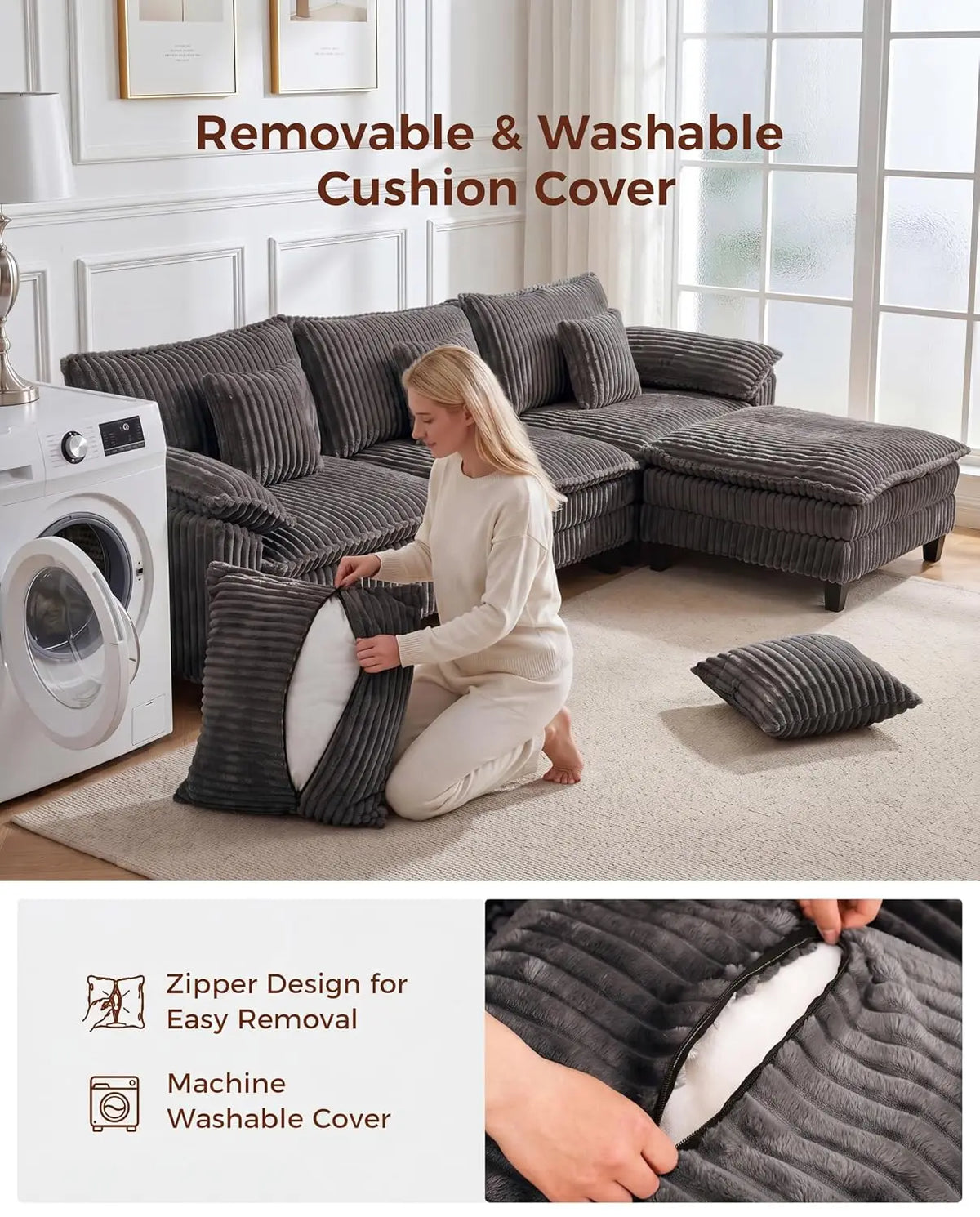 118" Modular Sectional Sofa, Wide-Channel  Corduroy