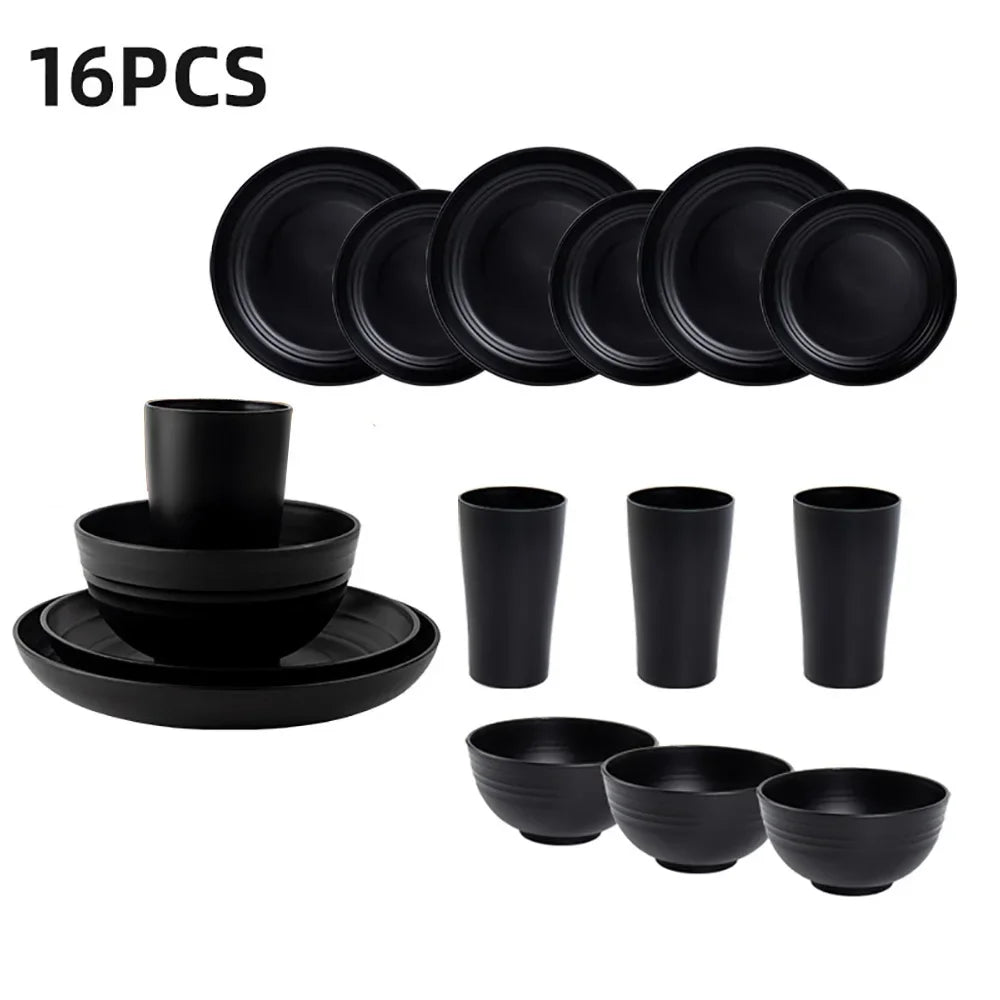 4/16Pcs Black Plastic Set Reusable Plates, Bowl, Cups 4 Sets for Kitchen Outdoor Camping