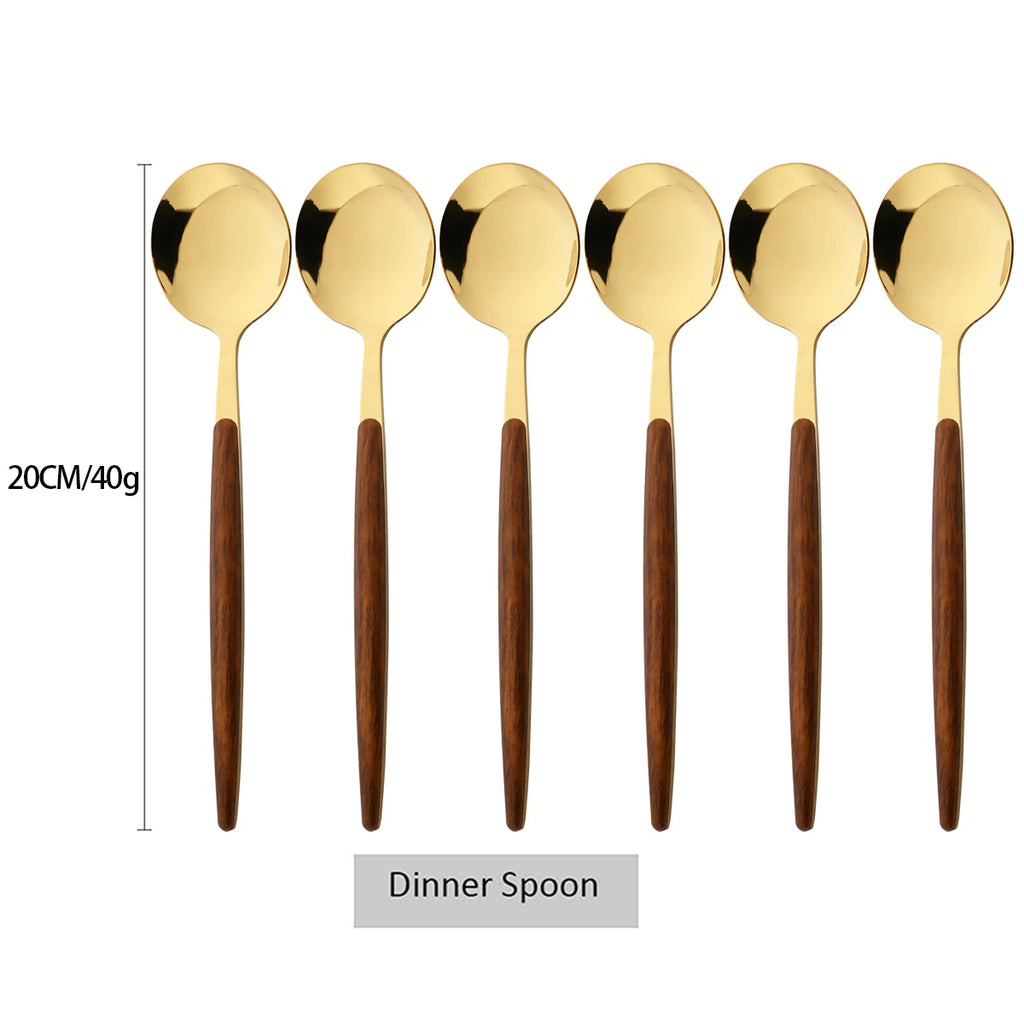 6/30Pcs Imitation Wooden Handle Cutlery Set Knife Cake Fork Coffee Spoons Tableware Stainless Steel Dinnerware Western Flatware