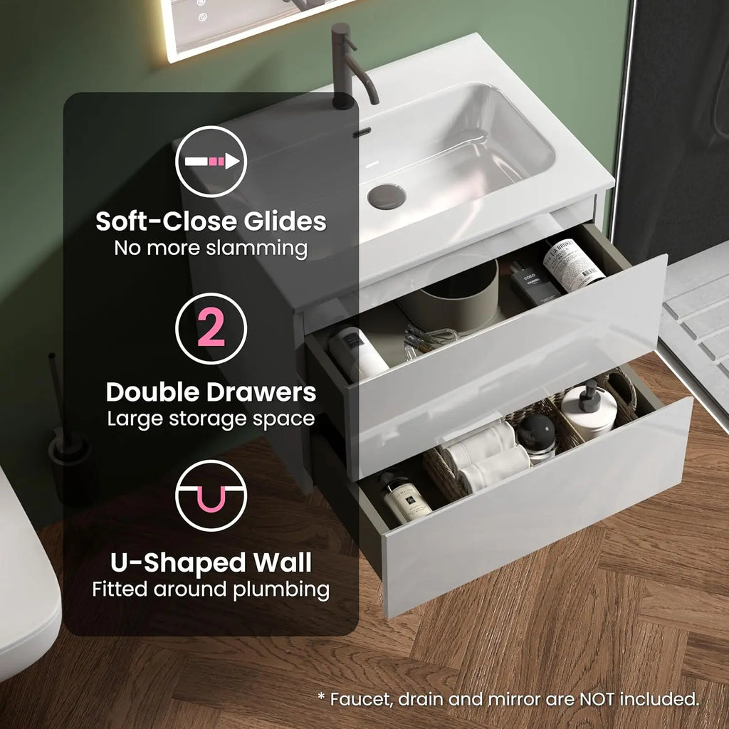 24" Bathroom Floating Vanity with Sink, with Double Soft Closing Drawers, Large Storage