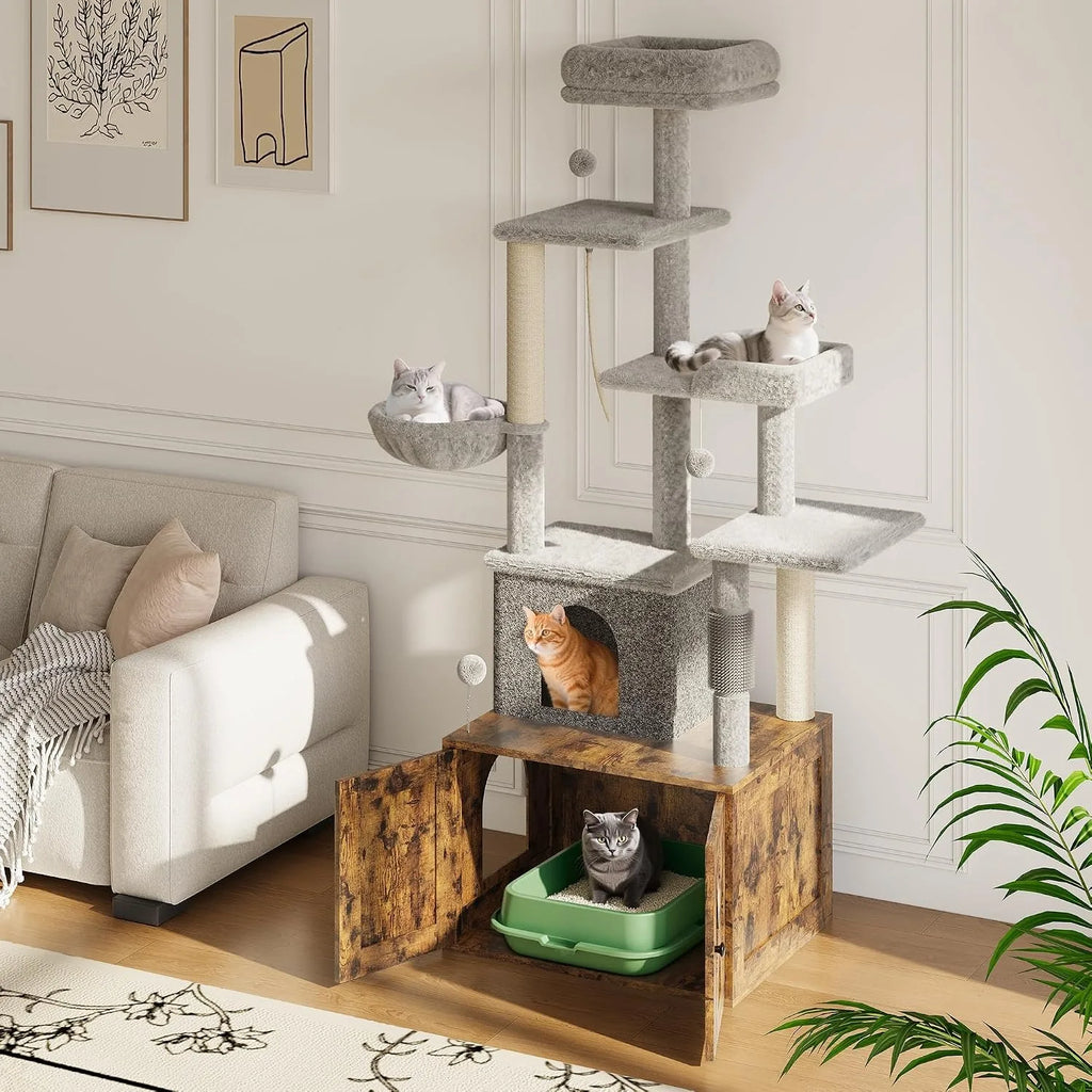 3-in-1 Modern Cat Tree with Hidden Litter Box Enclosure, Cat Condo Furniture with Scratching Post, Hammock & Platforms,