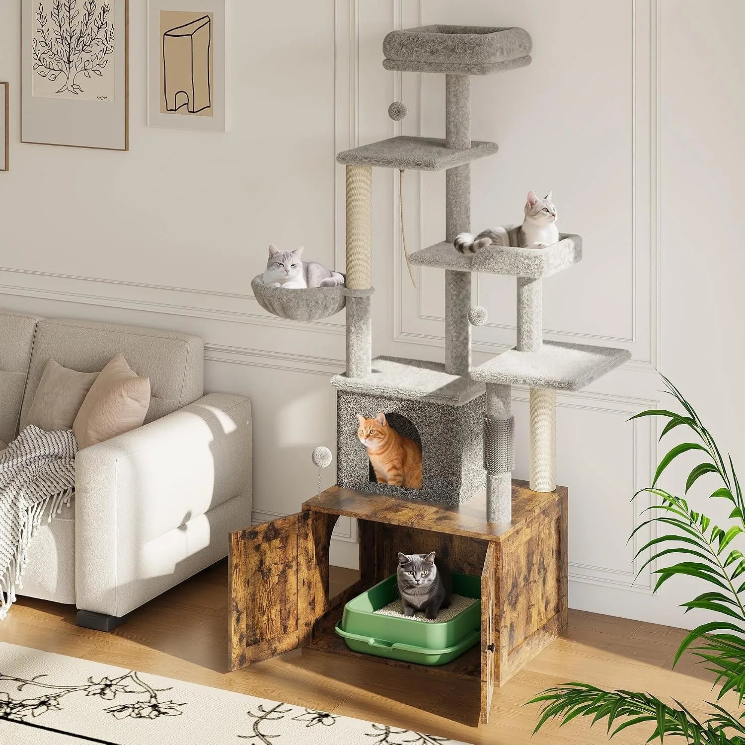 3-in-1 Modern Cat Tree with Hidden Litter Box Enclosure, Cat Condo Furniture with Scratching Post, Hammock & Platforms,