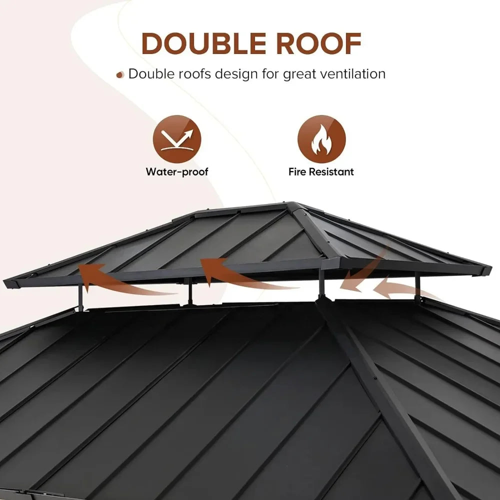 11x13 Outdoor Cedar Wood Frame Pavilion with Galvanized Steel Double Roof,