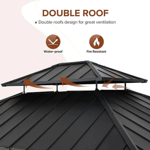 11x13 Outdoor Cedar Wood Frame Pavilion with Galvanized Steel Double Roof,