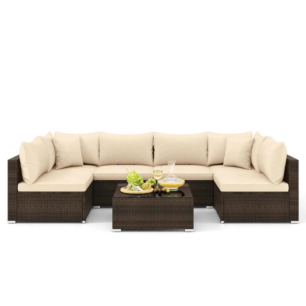 Hot Sale Item 7 PCS Brown Patio Rattan Cushioned Sectional Sofa Set