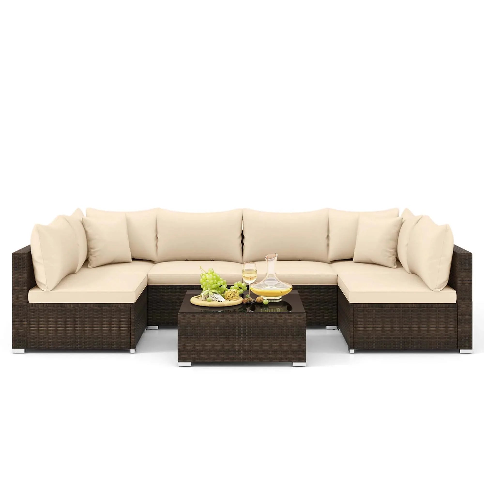 Hot Sale Item 7 PCS Brown Patio Rattan Cushioned Sectional Sofa Set