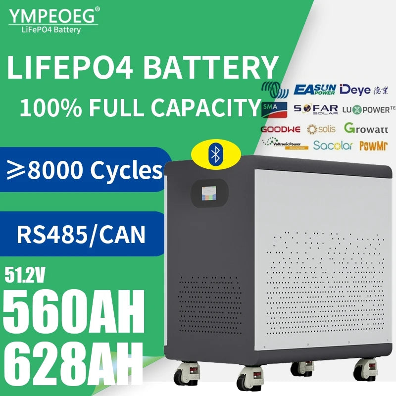 100% Full Capacity 51.2V560Ah/628Ah Brand New Grade A LiFePO4 Battery Pack 48V 28KWh/32KWh Built-in BMS Solar Power Bank