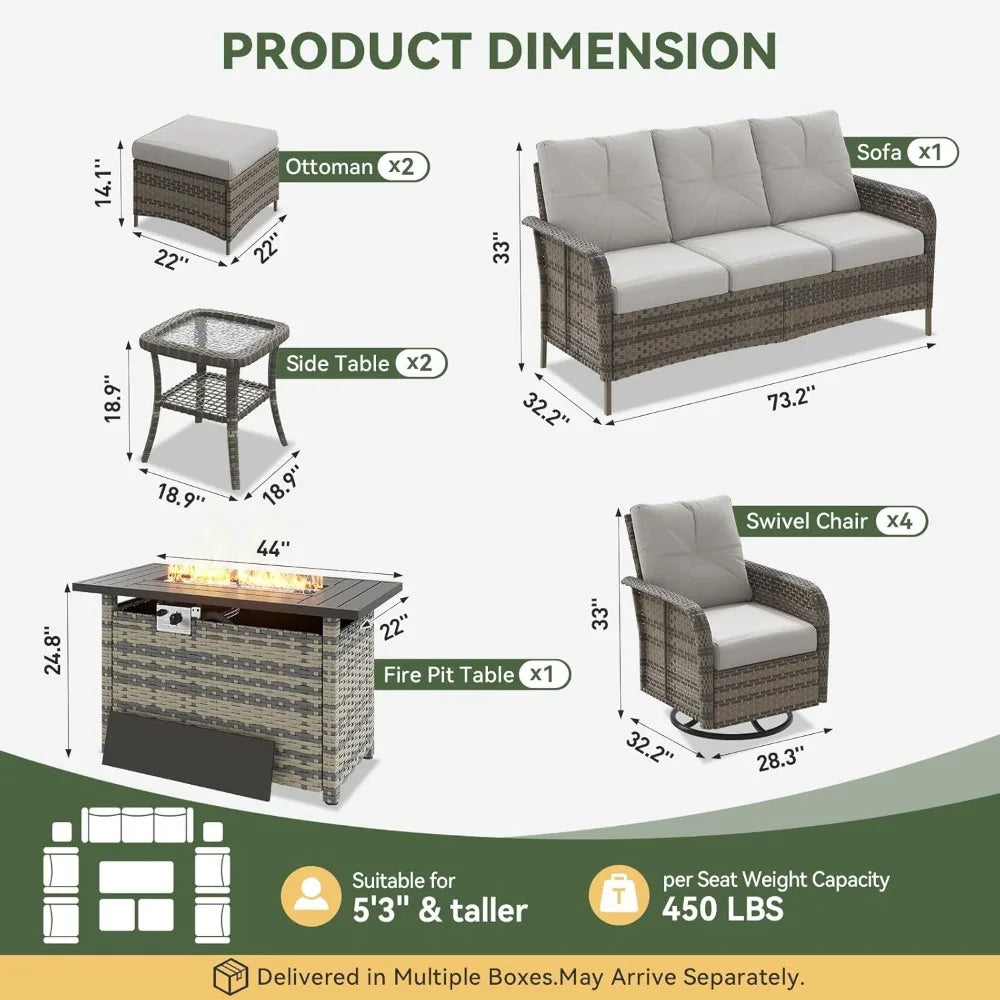 Grey Wicker Rattan Outdoor Patio Furniture Set 10-Piece with Fire Pit, Table,