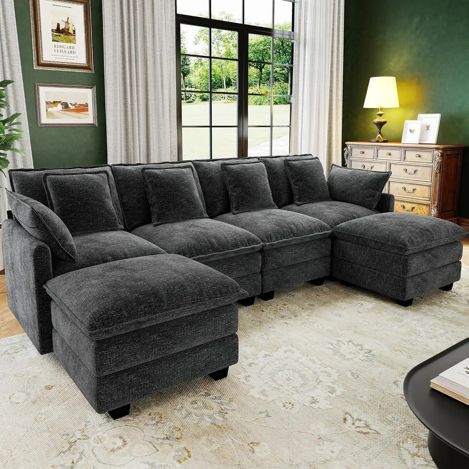 U Shaped Modular Sectional Sofa Deep Seat 4 Seat with 6 Washable Pillows 2 Ottoman Living Room Bedroom Apartment 107", Custom