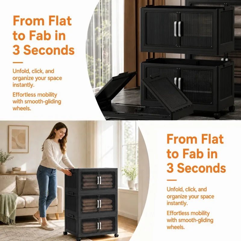 Foldable Storage Cabinets with Wheels, Stackable Plastic Storage Organizers with Transparent Flap Doors,