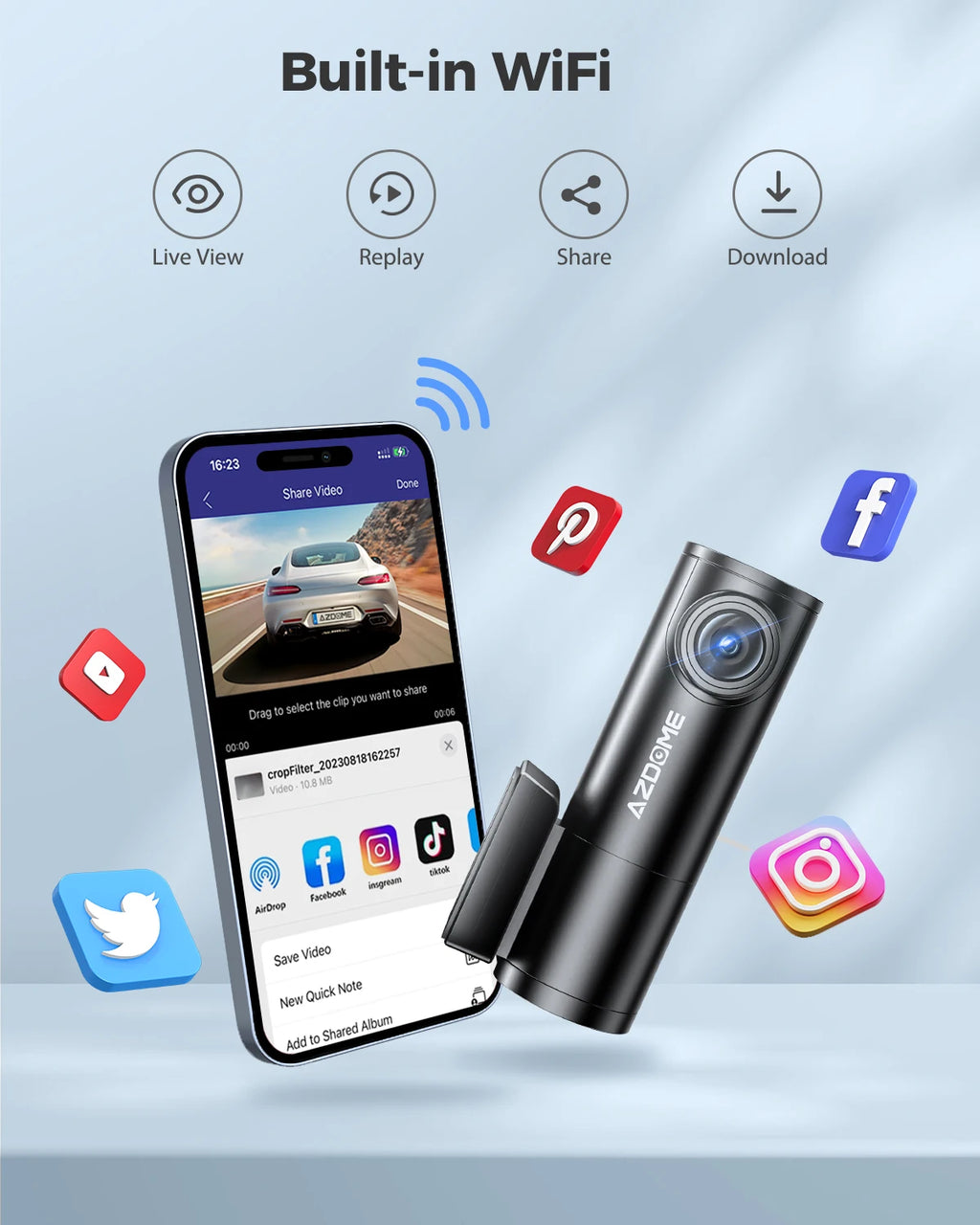 AZDOME Dash Cam 1296P WiFi Dash Camera for Cars Voice Control Dashcams Night Vision Loop Recording G-Sensor 24H Parking Monitor