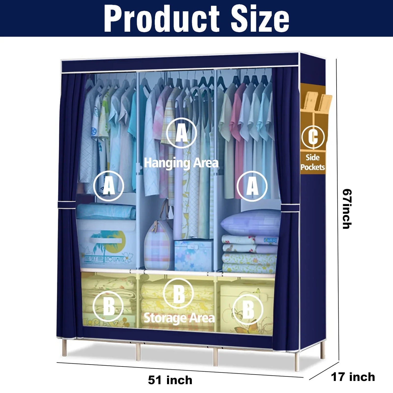 51-Inch Portable Closet Wardrobe 16mm Thick Pipe Clothing Storage Rack Organizer Non-Woven Fabric Cover
