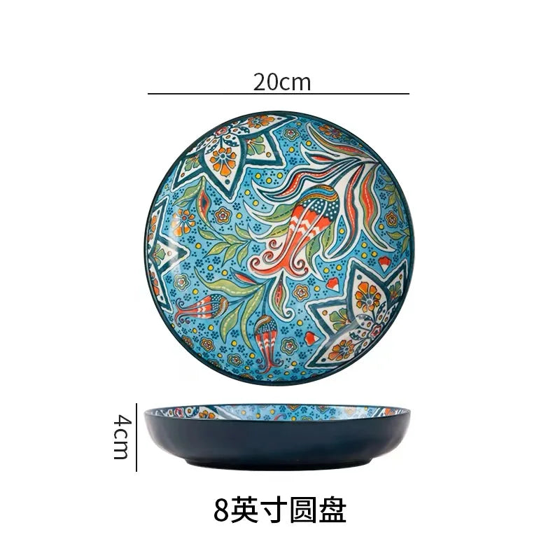 7in or 8in Ceramic Plates Household Retro Tableware Pasta Steak Plate Breakfast Dumpling  Fruit Plate