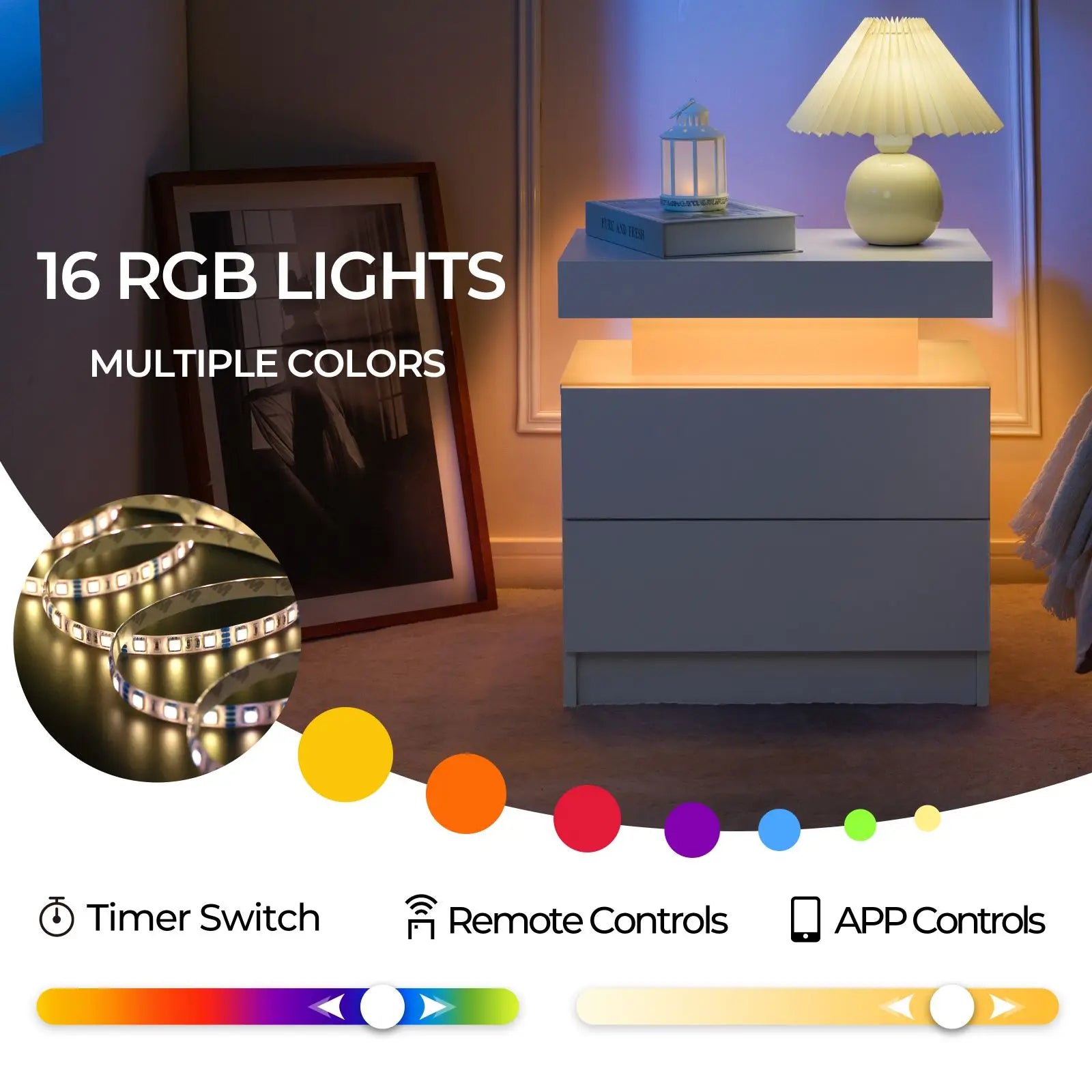 Cubehom Bedroom Nightstand Set of 2 LED Nightstand with 2 Drawers, Nightstand with LED Light