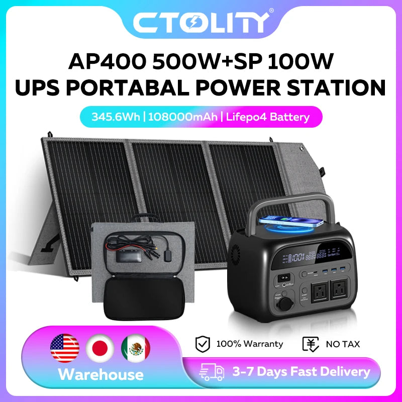 CTOLITY Portable Power Station 500W Solar Generator, 345Wh Lifepo4 Battery, 220V AC Output, 100W 20.5V Flexible Solar Panel