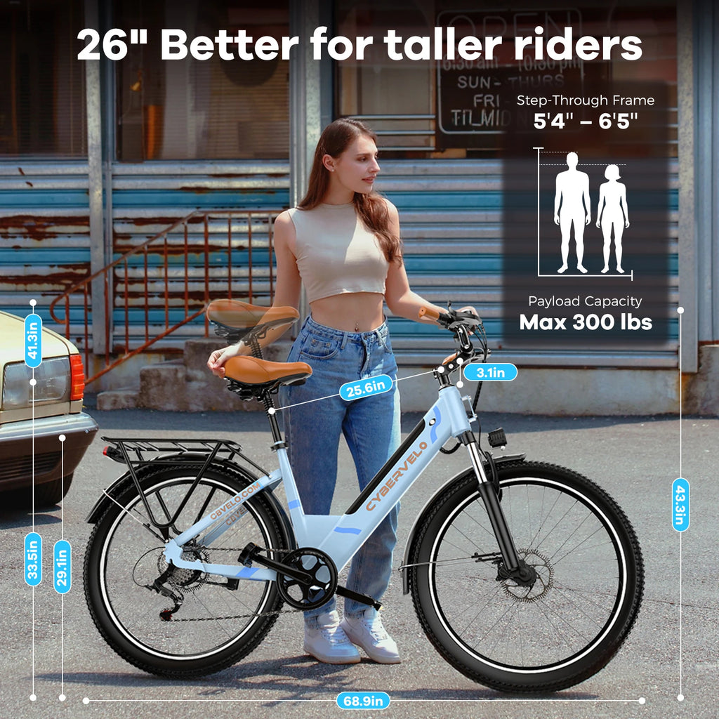 Cybervelo 1000W Peak 26" Electric Bike Adults 80Miles, Removable Battery, 7-Speed Ebike