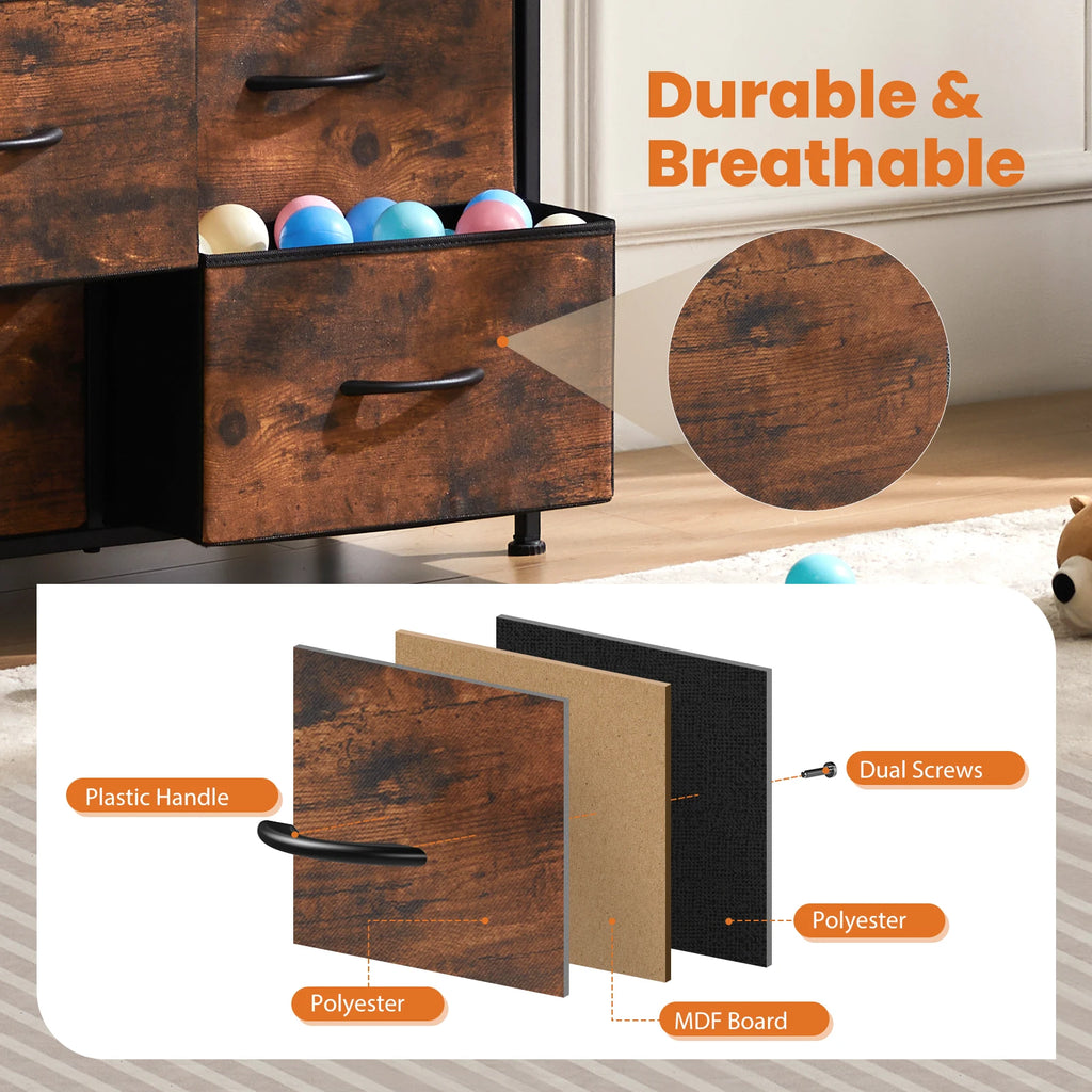 JHK Bedside Table For Bedroom With 10 Fabric Drawers Wardrobe Steel Frame Closet, Also For Living Room Storage Cabinet