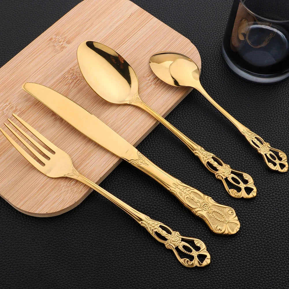 16Pcs  Dinnerware Set Vintage Stainless Steel Tableware Dinner Knife Fork Dessert Spoon Cutlery Set Kitchen Flatware