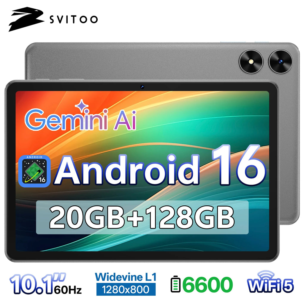 SVITOO Tablet 2026 Android 16 10.1 Inch IPS HD Screen Unisoc T7250 Octa-Core Processor 4GB Physical RAM + 16GB Virtual RAM 128GB ROM 1TB Expandable 6600mAh Battery 2.4GHz 5GHz WiFi 5 Bluetooth 5.0 GPS Widevine L1 With Case