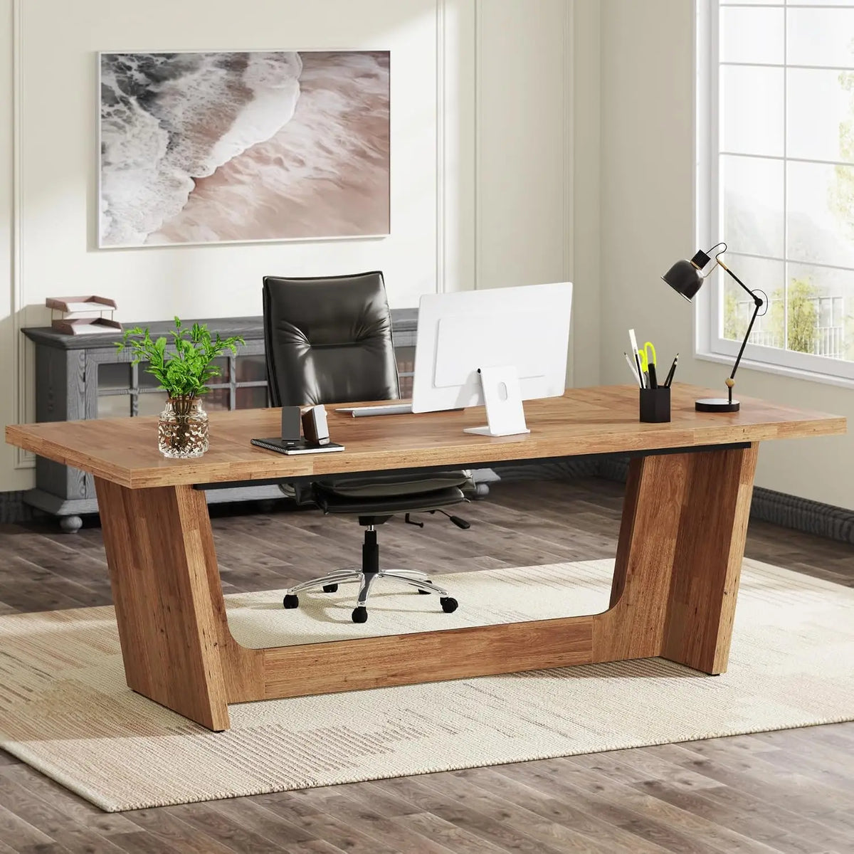 Large Walnut Executive Desk with Wooden Pedestal