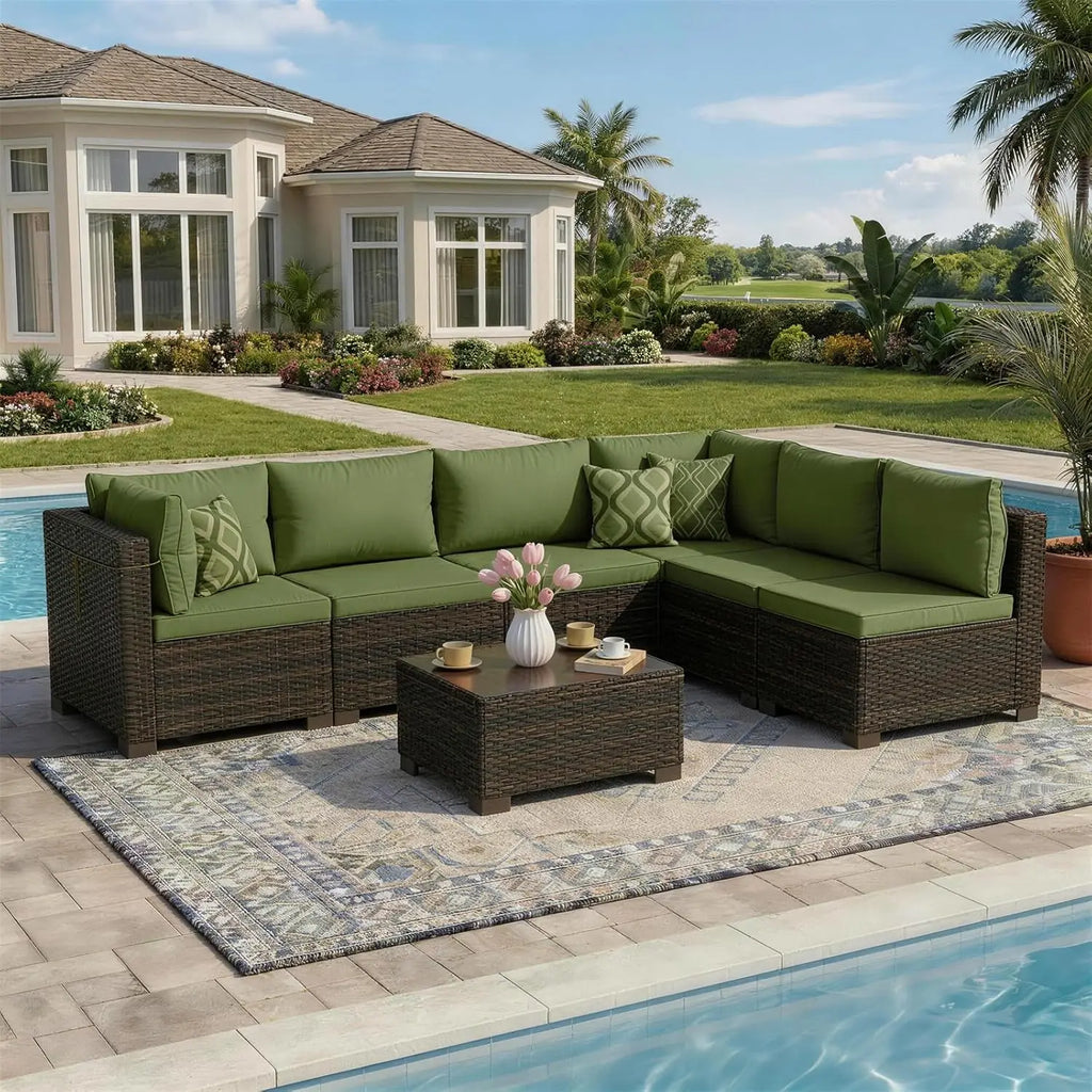 7 Pieces Rattan Wicker Sectional Sofa Set, with Tea Table