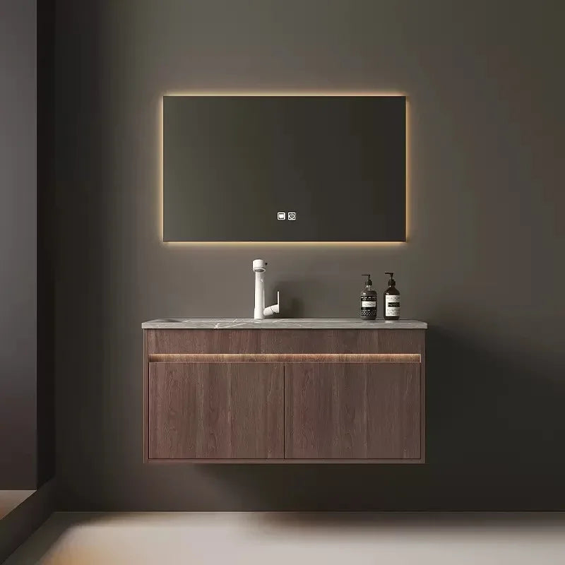 Light Luxury Vanity, Modern Solid Wood Bathroom Sink Cabinet, Rock Slab Integrated Washbasin